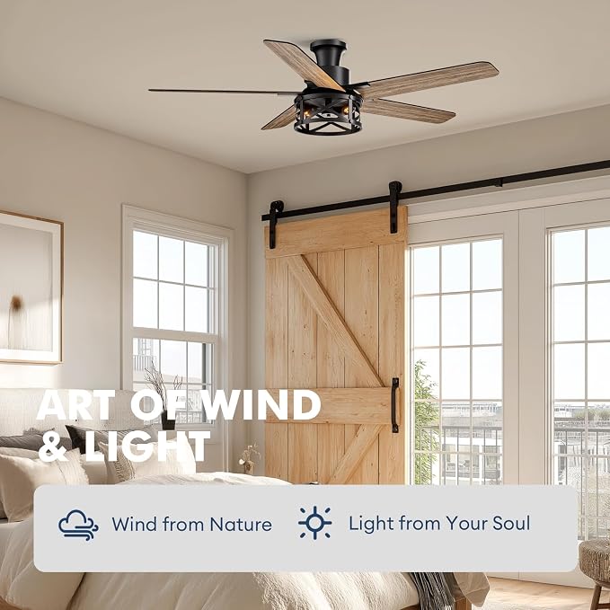 52 Inch Flush Mount Ceiling Fans with Lights and Remote Control, Low Profile Farmhouse Ceiling Fan for Bedroom Living Room and Patio, Black Caged Ceiling Fan for Indoor and Outdoor（NO BULBS）