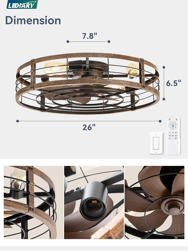 LEDIARY 26" Caged Ceiling Fan with Light and Remote, Low Profile Flush Mount Fandelier, Black Gold Bladeless Enclosed Small Fan Lights Ceiling Fixtures, Rustic Farmhouse Style for Bedroom, Outdoor