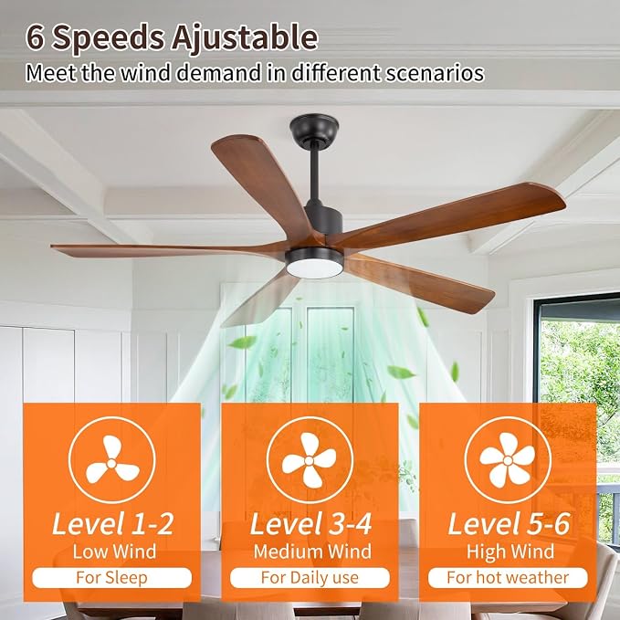 52 Inch DC Ceiling Fan Light 5 Walnut Blades UL Damp Rated | 5 walnut blades, dimmable 3000K-6500K LED, 6-speed reversible remote, UL damp rated for indoor outdoor farmhouse space