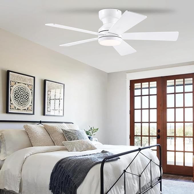 BYKISTOK 46" Flush Mount Ceiling Fan with Lights - White Modern Fan Light with Reversible Mute Motor, 3CCT Dimmable, Wind Speeds Adjustable, Low Profile Light Fixure for Indoor Use, Bedroom