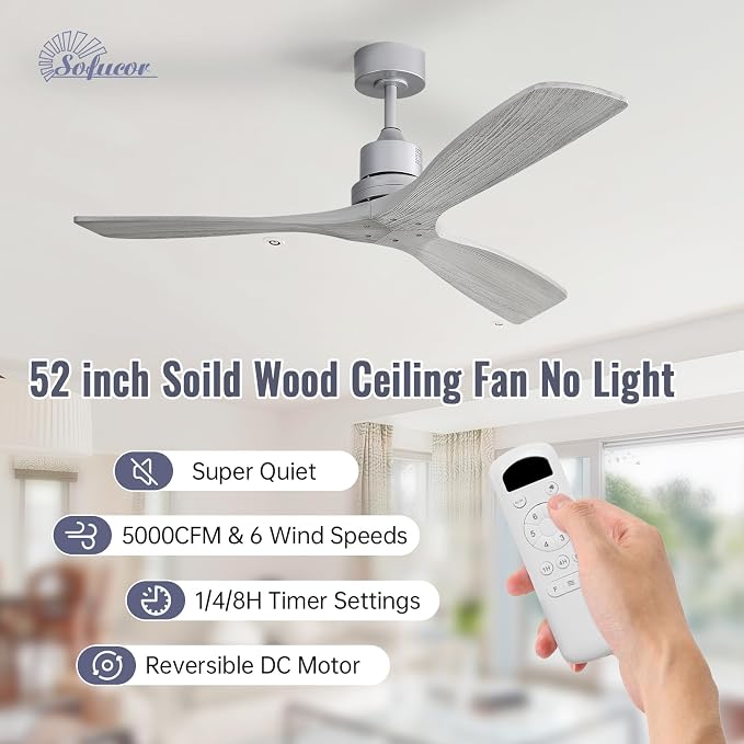 Sofucor 52 Inch Ceiling Fan No Light - Modern Solid Wood Ceiling Fan with Remote, 5000CFM High Airflow, Quiet DC Motor, 6 Speeds, Timer & Reversible for Bedroom Living Room, ETL, Grey