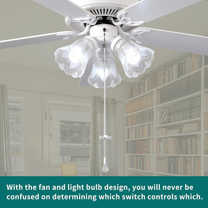 52 Inch Indoor Ceiling Fan with Pull-Chain and LED Light Bulbs Base, Traditional 3-Speeds Reversible Blades Ceiling Fan (White)