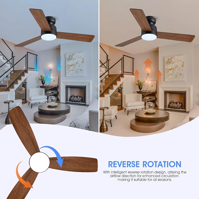 Kviflon 46 Inch Ceiling Fans with Lights and Remote/APP Control, Low Profile Ceiling Fan with Lamp, Flush Mount, 3CCT, 3 Reversible Blades 6 Speeds, Double Sided Fans for Bedroom, Brown+Black