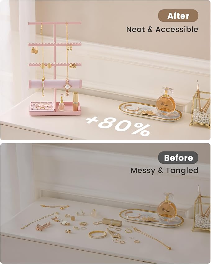 Lolalet Jewelry Organizer Stand, Necklace Bracelet Holder -Pink | Space-Saving Jewelry Display Storage Rack on Vanity Dresser for organizing Earrings Bangels Rings