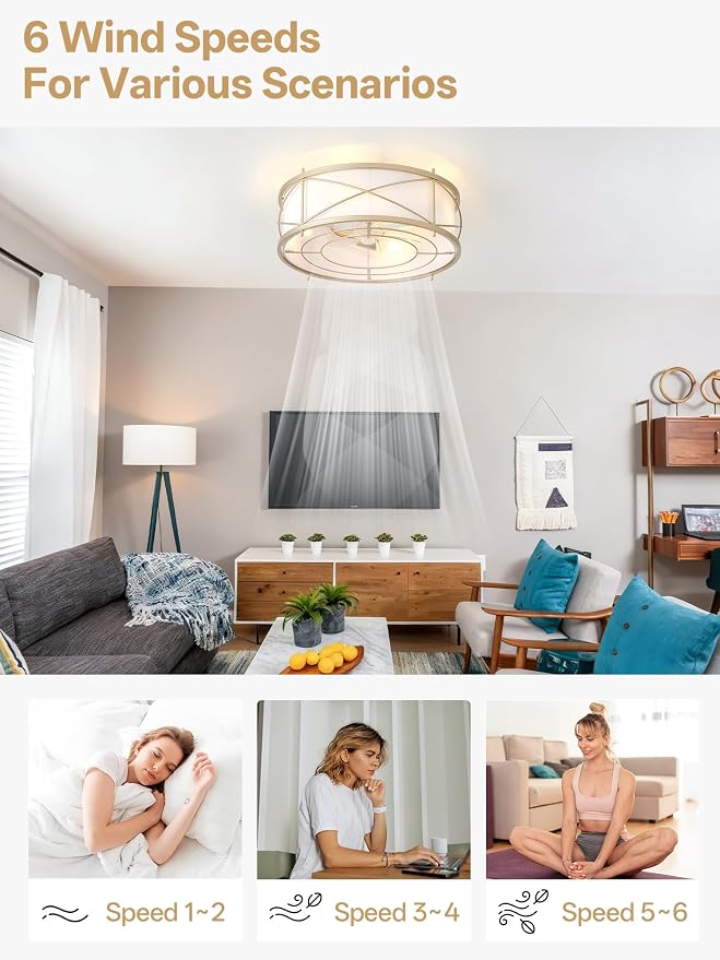 Gold Flush Mount Boho Ceiling Fan with Lights, 20" Caged Rattan Ceiling Fans with Light and Remote, Enclosed with 6 Speeds for Living Room, Bedroom, Nursery