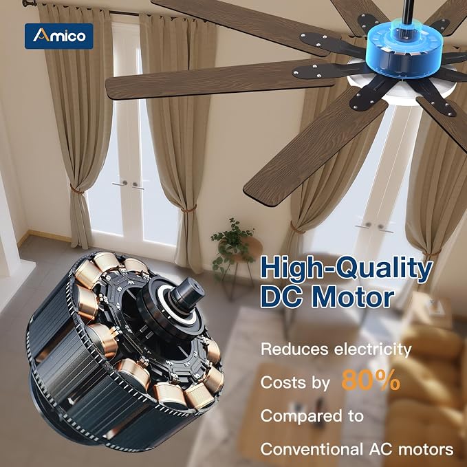 Amico 80 inch Ceiling Fans with Lights,Large Ceiling Fan with Light and Remote Control, Dimmable, 6 Speed Reversible Quiet DC Motor, Black Modern Ceiling fan For Living Room, Bedroom, Kitchen, Patio