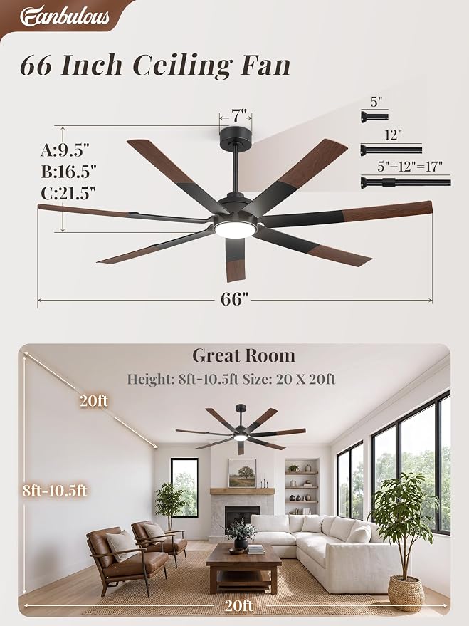 Fanbulous 66" Ceiling Fans with Lights and Remote, APP Control, Dimmable, 3CCT, Spliced Black & Wood Grain Farmhouse Ceiling Fan with DC Motor, Indoor/Outdoor Ceiling Fan for Living Room Patios