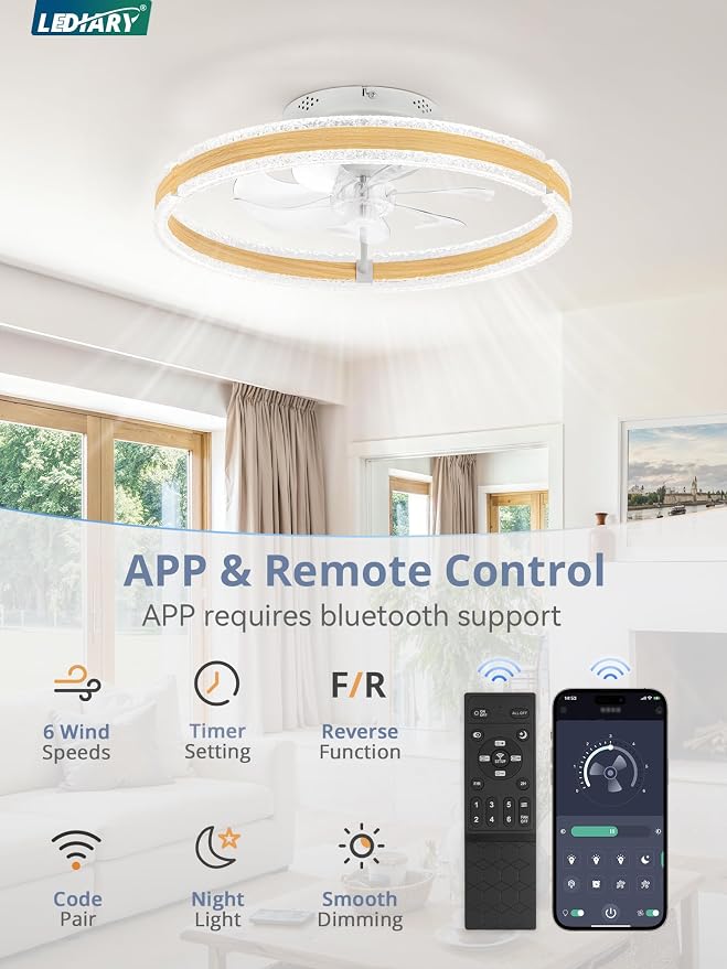 LEDIARY Ceiling Fans with Lights and Remote, 20'' Low Profile Ceiling Fan with Light, 3000-6000K Dimmable Fandelier Ceiling Fans, Modern Flush Mount Fan Light for Bedroom with 6 Wind Speeds-Wood Grain