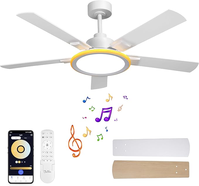 BAYSQUIRREL Smart 52" Ceiling Fans with Lights,Bluetooth Ceiling Fan with Speaker,6-Speeds DC Reversible Noiseless Motor,Full-Spectrum Eye-Care Flush Mount Ceiling Fan with Light