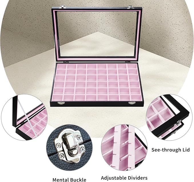 Stratalife 48 Grid Earring Organizer, Jewelry Holder Organizer with Lid | PU Leather Storage Box for Earring, Ring, Studs and Trinkets, Soft Velvet Drawer Organizer for Women, Dustproof, Pink Black
