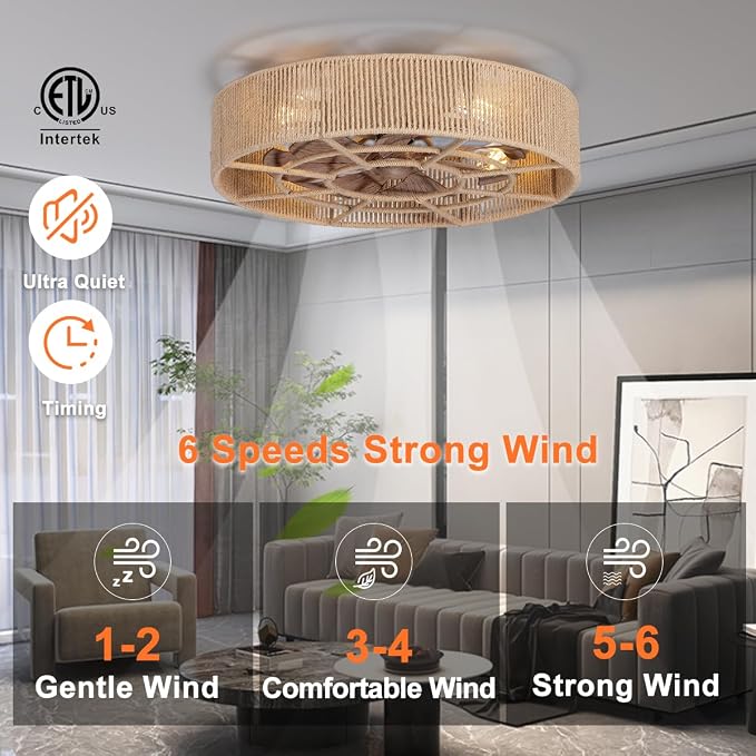 SHLUCE 22" Rattan Boho Caged Ceiling Fan with Light, Flush Mount Low Profile Ceiling Fan with Light, Rustic Large Bladeless Ceiling Fans with Lights and Remote for Bedroom, Living Room, Kitchen - ETL