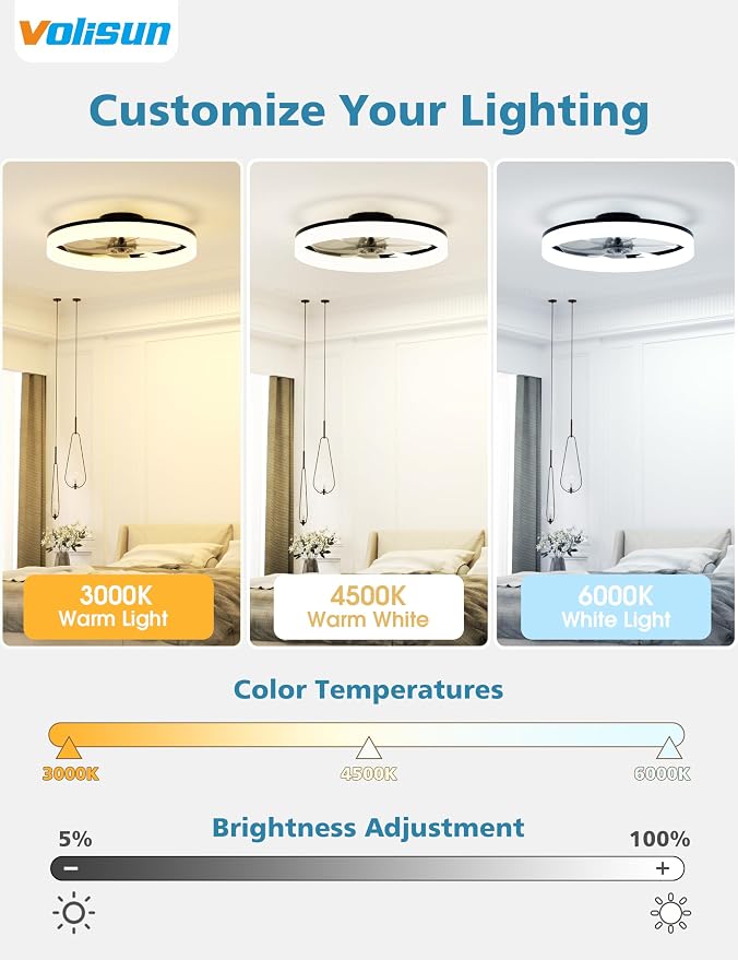VOLISUN Low Profile Ceiling Fans with Lights and Remote, 20in Fandelier Ceiling Fan with Light, 3000K-6500K Dimmable Bladeless LED Fan Light, Black Flush Mount Ceiling Fans with Lights for Bedroom