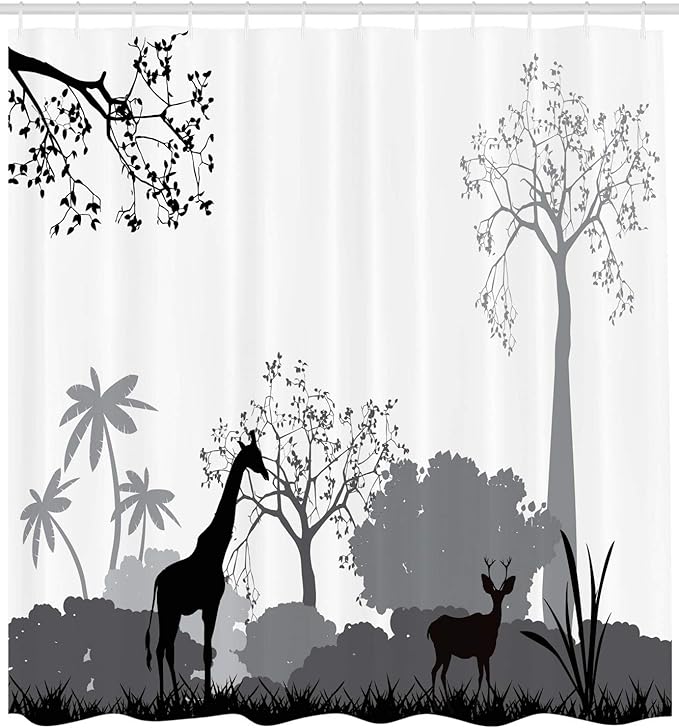 Ambesonne Savannah Shower Curtain, Grayscale Silhouette of Savannah Giraffe Deer and Trees Wild Region Theme Africa, Cloth Fabric Bathroom Decor Set with Hooks, 69" W x 75" L, Cream Grey