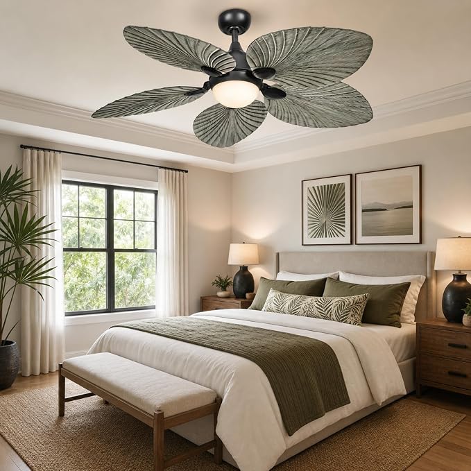 52" Modern Tropical Ceiling Fan with Light and Remote for Bedroom | LED Dimmable Tri-Color Temperature, 5 Blade Ceiling Fans Reversible, 6 Speeds w/Quiet DC Motor, living room, bedroom, kitchen