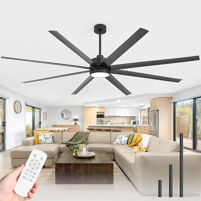 84 Inch Industrial Large Ceiling Fans with Lights and Remote, 8 ABS Blades, 6-Speed Reversible DC Motor, 3CCT LED, 3 Downrods, Big Commercial Ceiling Fan Fandeliers for Warehouse/Garage/Shop/Gym/Porch