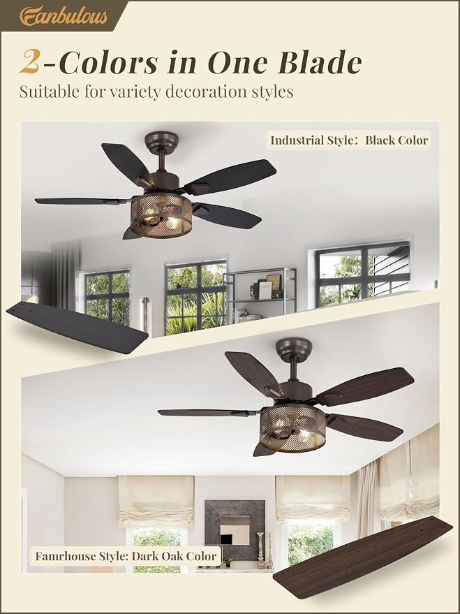 Fanbulous Farmhouse Oil Bronze Ceiling Fans with Lights and Remote, 42 Inch Bedroom Caged Ceiling Fans for Living Room Kitchen，6 Speed Reversible Quiet DC Motor, Dual Finish 5 Blades
