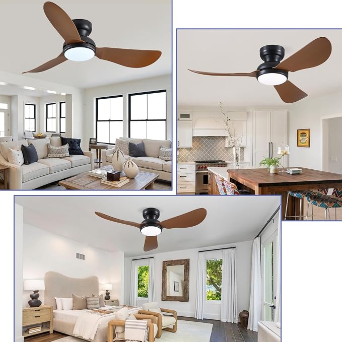 Kviflon 46 Inch Modern Ceiling Fans with Lights, Flush Mount Ceiling Fan, Remote/APP Control, 3 Reversible Curved Blades, 6 Speeds, 3 CCT Dimmable LED Lights for Living Room Bedroom, Brown