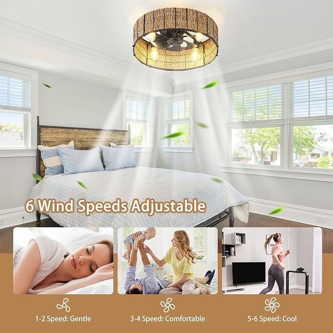 Ganeed 20" Boho Ceiling Fan with Light, Handwoven Rattan Caged Ceiling Fan with Light and Remote, Low Profile 6 Speeds Enclosed Flush Mount Fandelier for Bedroom Kids Room Nursery Living Room