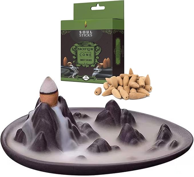 SOUL STICKS Backflow Incense Holder Burner Waterfall Fountain for Home, Office, Yoga, Room Decor & Aromatherapy with 1 Pack of 10 Backflow Fragrance Cones Included (Mountain Peak)