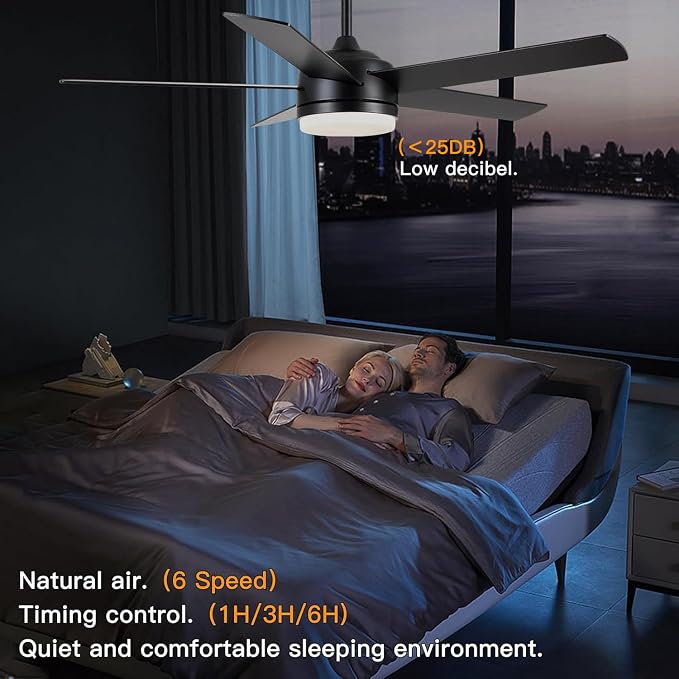 YUHAO 52 Inch Black Ceiling Fan with Light and Remote Control.Noiseless,Dimmable,3CCT,6 Speeds Reversible, DC Ceiling Fans for Indoor or Covered Outdoor Use.ETL Listed