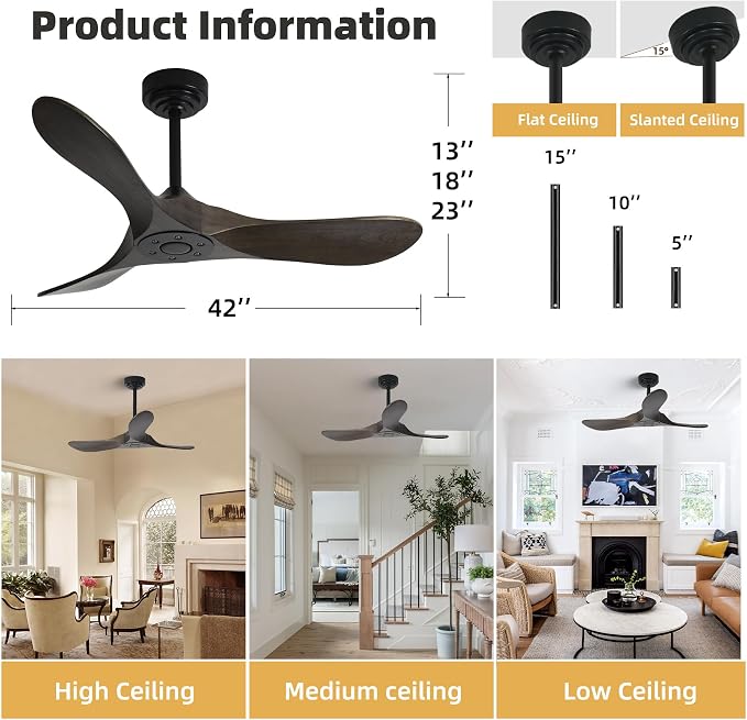 Outdoor Ceiling Fan Without Light, 42Inch Smart Ceiling Fan with Remote & Voice Control for Compatible with Alexa/Google, 3-Blade Wood Fan, Quiet DC Motor, 6 Speeds for Patio, Porch, Farmhouse