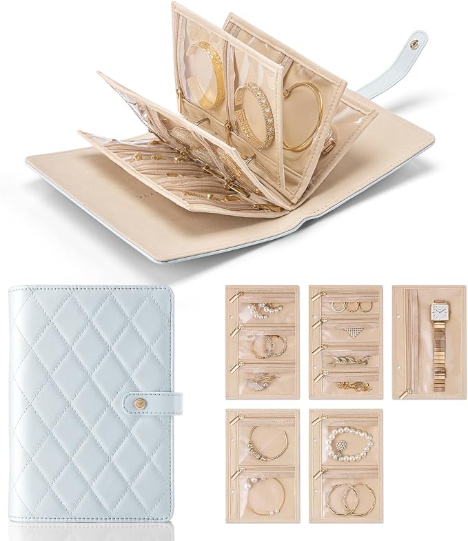 VLANDO Travel Jewelry Organizer Case, Foldable Jewelry Bags Jewelry Storage Book Ring Binder with Clear Zipper Velvet Pouch Bag for Travel Essentials,Rings,Necklace,Earrings,Bracelets-Blue
