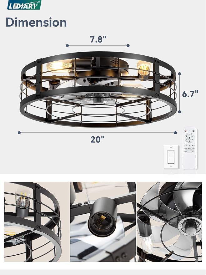 LEDIARY 20" Caged Ceiling Fan with light and Remote, Low Profile Flush Mount Fandelier, Black Bladeless Enclosed Small Fan Ceiling Light Fixtures, Rustic Farmhouse Style for Bedroom, Outdoor