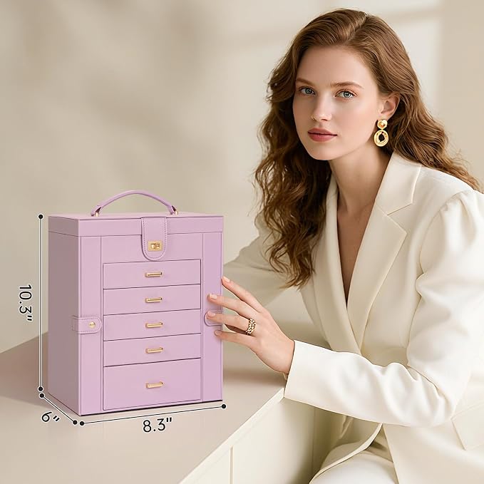 AKOZLIN 6-Tier Jewelry Box Organizer Functional 5 Drawers Leather Jewelry Storage Case for Women Girls Ring Necklace Earring Bracelet Holder Organizer with Mirror Light Purple Regular