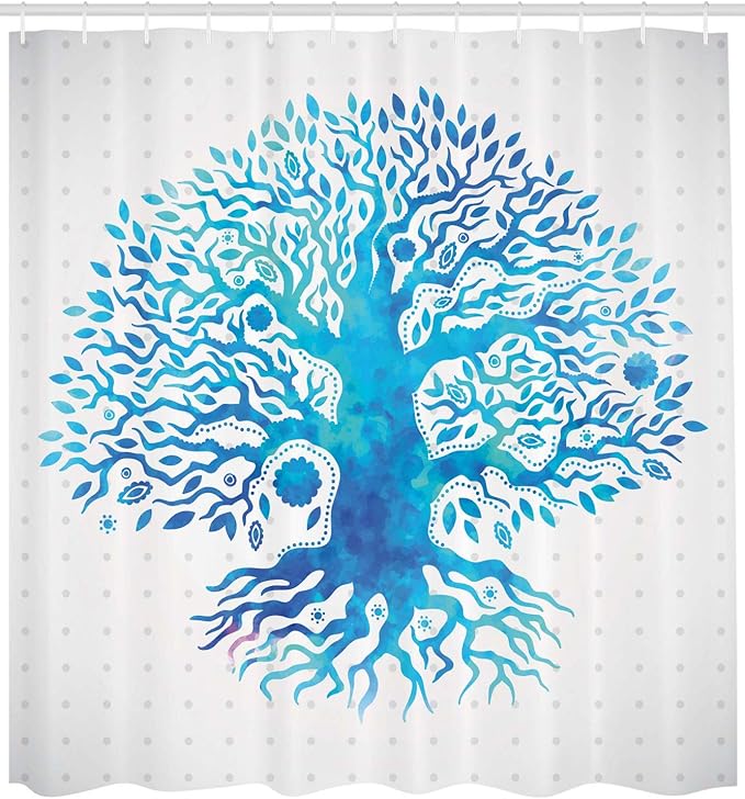 Ambesonne Tree Shower Curtain, Ethnic Watercolor Effect Tree of Life Figure on Polka Dot Pattern Ancient Art Image, Cloth Fabric Bathroom Decor Set with Hooks, 69" W x 75" L, White Sky