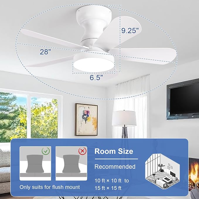 Depuley Small Ceiling Fan with Lights: 28-Inch Flush Mount Fan with Light and Remote - White Low Profile Ceiling Fans Reversible Quiet DC Motor for Bedroom Living Room Indoor Outdoor