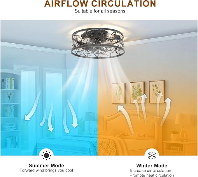 Garwarm Caged Ceiling Fan with Light,18in Rustic Industrial Ceiling Fans with Lights and Remote,Bladeless Fandelier Ceiling Fan,Small Flush Mount Ceiling Fan for Kitchen,Bedroom(6 Speed,Timing)-Bronze
