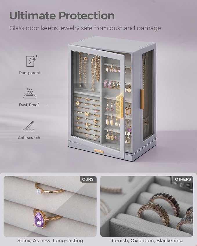 Glimmloop 360° Rotating Jewelry Box with 7 Drawers, Spacious Vertical Jewelry Organizer with Glass Window, Jewelry Storage Case, Dustproof & Moisture-resistant Design, Grey