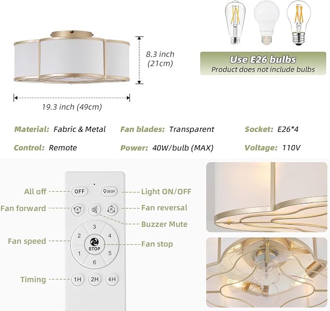 20" Boho Ceiling Fan with Light, Rattan Flush Mount Ceiling Fan with Light Remote Control, Caged Enclosed with 6 Speeds for Bedroom, Living Room, Foyer, Nursery (Gold)