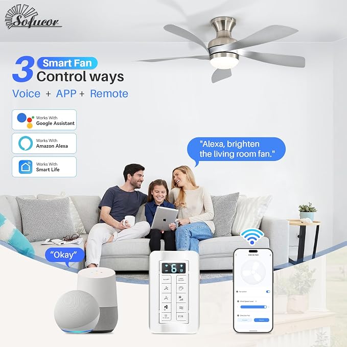 Sofucor Smart 42'' Low Profile Ceiling Fan with Lights and Remote, Flush Mount Ceiling Fan Work with APP/Alexa/Google for Modern Bedroom Living Room Patio, Dimmable LED Quiet Reversible DC Motor