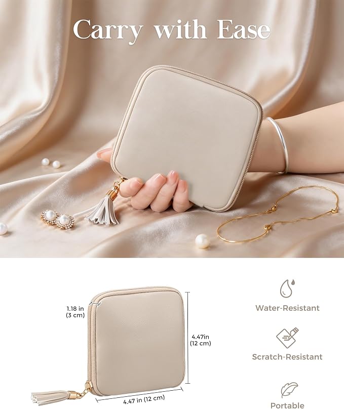 Lolalet Travel Jewelry Case Organizer, Small Soft Jewellery Pouch -Oatmeal | Storage Bag for Traveling Women, with Multi Compartments for Packing Necklaces, Earrings, Bracelets