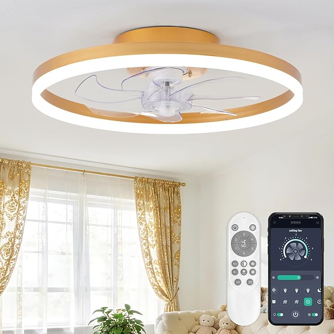 20" Low Profile Ceiling Fans with Lights and Remote & APP, Dimmable 3000-6500K LED Fandelier Ceiling Fan with Light, Modern Flush Mount Ceiling Fan Light for Living Room, Bedroom and Kitchen