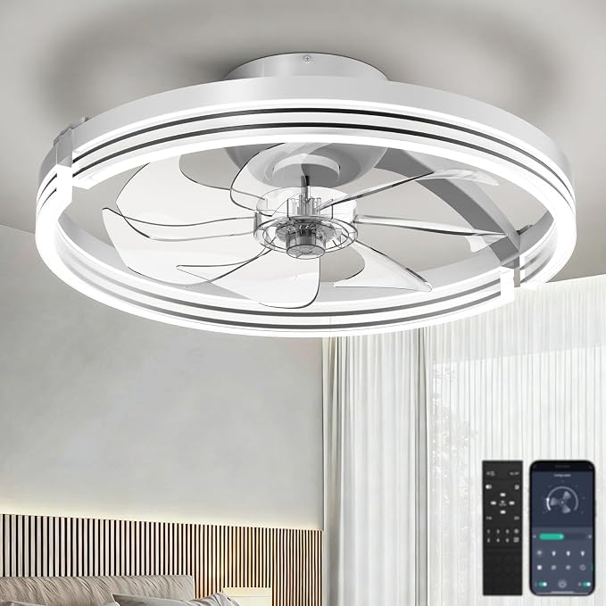 Ceiling Fans with Lights and Remote, Low Profile Ceiling Fan, Morden Flush Mount LED Fan Light, 3000K-6500K Dimmable for Bedroom, Kitchen, Living Room, Striped, White