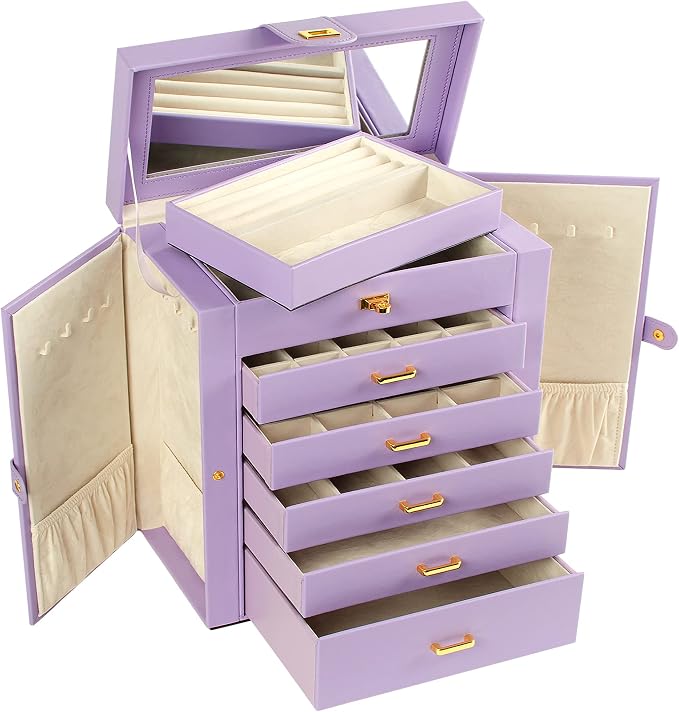 AKOZLIN 6-Tier Jewelry Box Organizer Functional 5 Drawers Leather Jewelry Storage Case for Women Girls Ring Necklace Earring Bracelet Holder Organizer with Mirror Violet Large