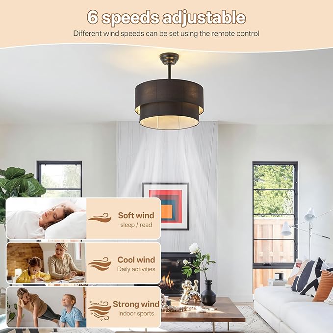 20" Farmhouse Ceiling Fans with Lights, Black Boho Fandelier Chandelier Ceiling Fan with Light Remote Control, Caged with 6 Speeds for Living Room, Bedroom, Nursery