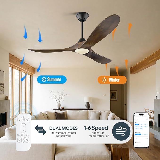 42 Inch Smart Ceiling Fan with Lights Remote, Alexa WIFI Voice Control, Low Profile Indoor/Outdoor Ceiling Fans for Patios Damp Rated, 3 Blades Wood Propeller DC Motor for Living Room,Bedroom,Porch
