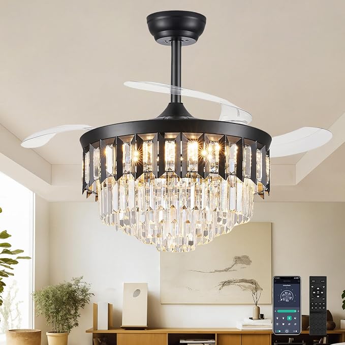 TXCSLY 42" Fandelier Ceiling Fan with Light, Crystal Chandelier Fan with Retractable Blades Dimmable Crystal Ceiling Fan Chandelier for Bedroom Living Room Dining Room-Black