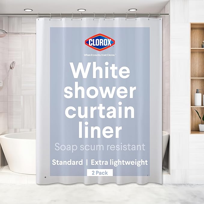 Clorox Shower Curtain Liner, Premium Lightweight Flexible Waterproof 3g PEVA for Bathroom with Weighted Magnets, Standard Size 70" x 72", White 2 Pack