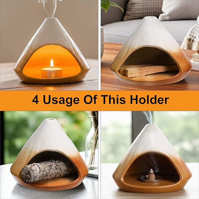 Ceramic Sage Smudging Holder, Pyramid Design Incense Burner with Smoke Outlet, 4.7 x 4.5 x 0.39 Inch, Black and White Glazed Finish (Yellow)