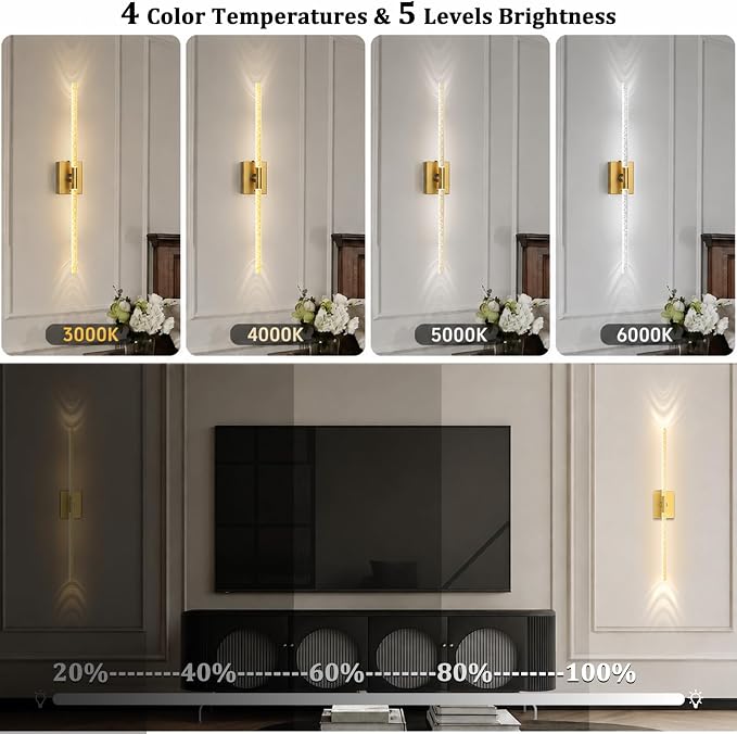iThird Crystal Bubble Gold Wall Sconces Set of 2: 10000mAh Rechargeable Wireless Lights with Remote & 360° Rotate, 4 Color Temps Dimmable, 31" Lamp Decor for Bedroom Living Room Mirror