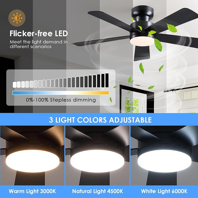 Asyko 46" Black Modern Low Profile Ceiling Fan with LED Light and Remote | Super Large Airflow with 6 Wind Speeds, Reversible, Dimmable 3 CCT LED Light, Noiseless 30W DC Motor,for Bedroom Kitchen