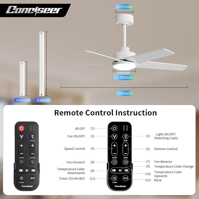 42 Inch Ceiling Fans with Lights and Remote for Bedroom Living Room Kitchen Home Office Indoor/Outdoor, 6CCT Dimmable, Dual Color 5 Blades, 6 Speed Reversible Quiet DC Motor, White/Wood Grain