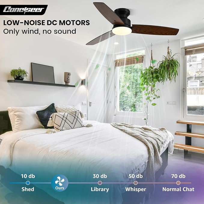 Conciseer 42 Inch Ceiling Fans with Lights and Remote, Bedroom Living Room Office, Flush Mount, 6CCT Dimmable, Dual Color 3 Blades, 6 Speed Reversible Quiet DC Motor, Black/Wood Grain, 2 Pack