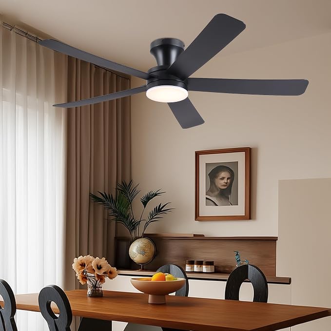 Ayaoty Ceiling Fans with Lights,46" Black Flush Mount Ceiling Fan Light with ABS Blades Reversible,3CCT Dimmable, Low Profile Fan Light for Indoor Modern Bedroom, Kitchen