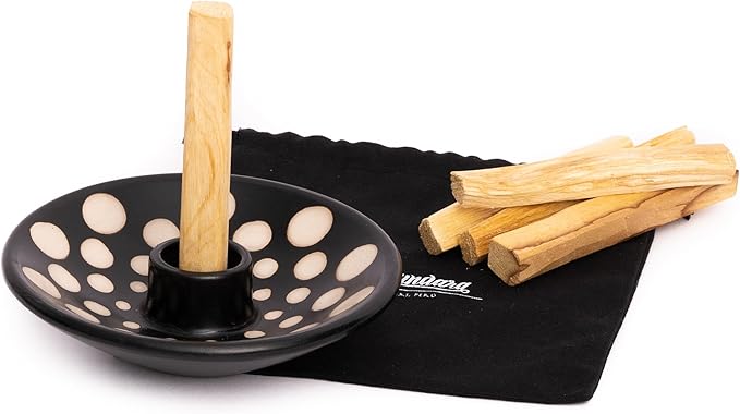 Palo Santo Holder with 5 Sticks - Luna Sundara Handmade Ceramic Incense Burner - Polka Dot Chulucanas Pottery from Peru - Smudge Bowl for Sage - Aromatherapy Gift Set