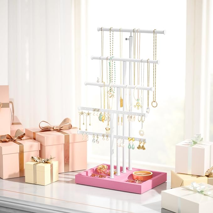 Love-KANKEI Jewelry Organizer Stand 5-Tier,Adjustable Height,Pink/White | Metal Rod,Solid Wood Base,Easy to Install,Tree Style,Display Long Necklaces,Bracelets,Earrings,Rings,Watches,Bangles,Gift